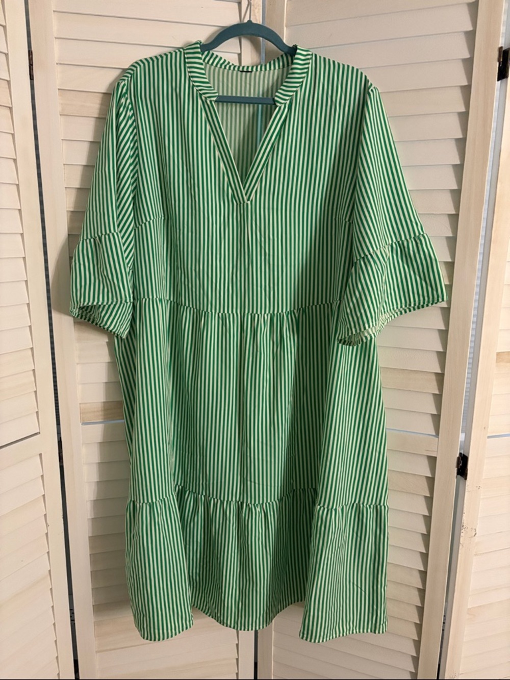 SHEIN Green and White Striped V-Neck Midi Dress